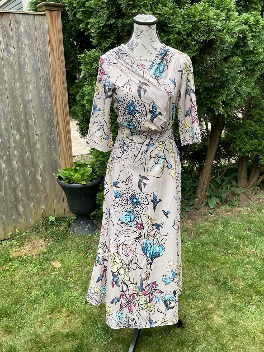 Kimono Style Dress in Beige with Blue & Pink Accents